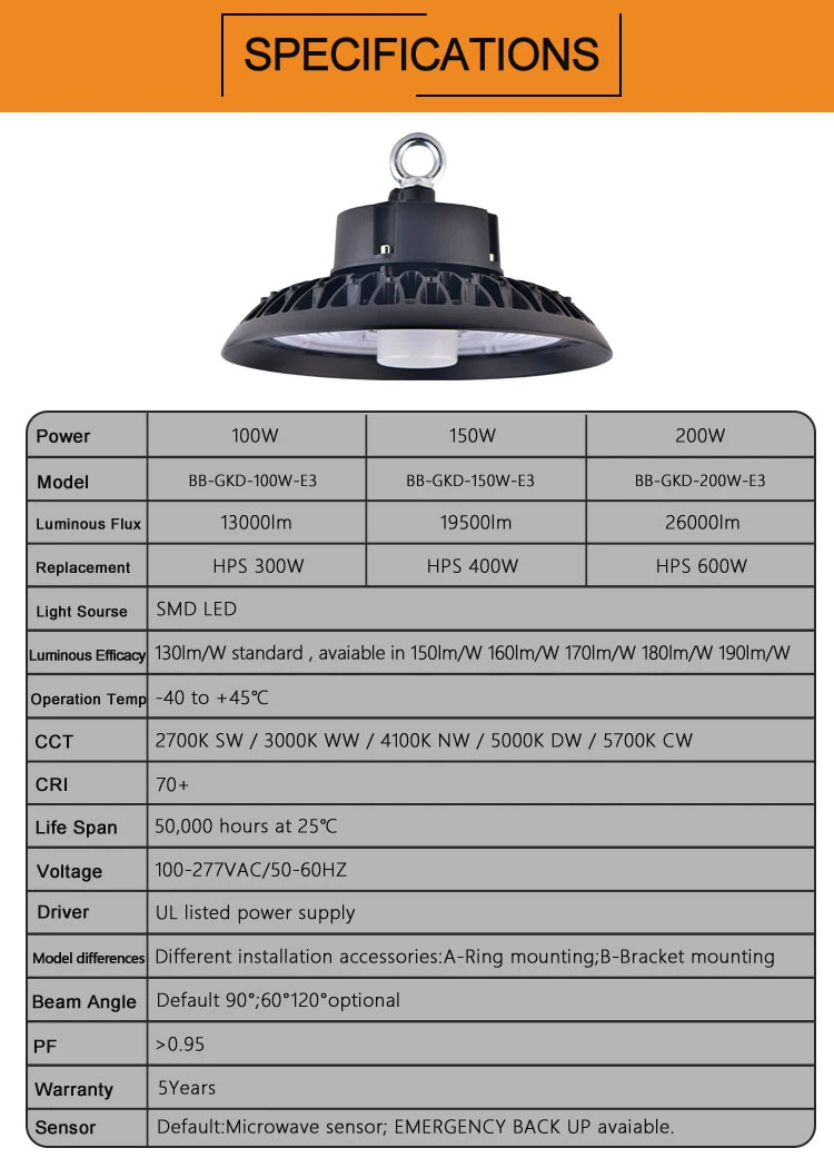 5 Year Warranty High Lumen Motion Sensor LED UFO High Bay